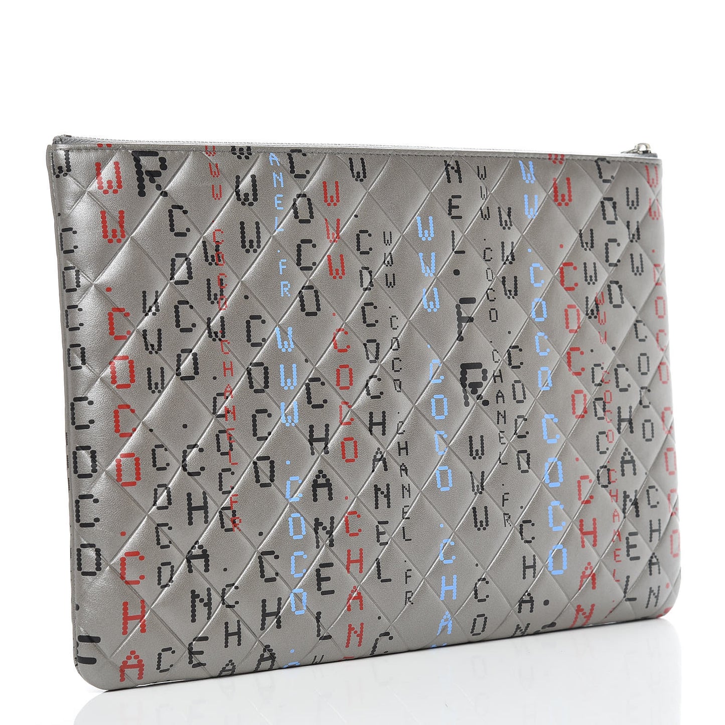 Metallic Lambskin Quilted Large Data Center Cosmetic Case Silver