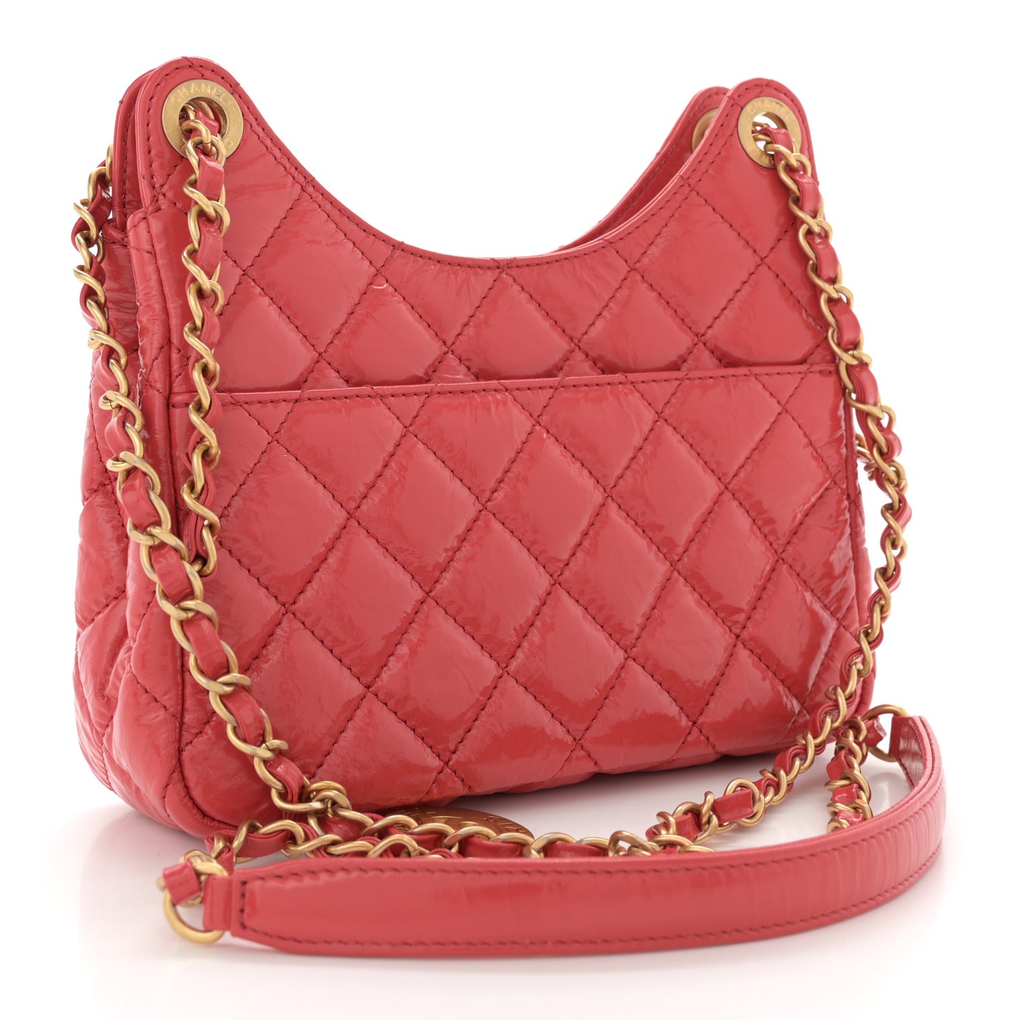Shiny Crumpled Calfskin Quilted Small Wavy CC Hobo Red