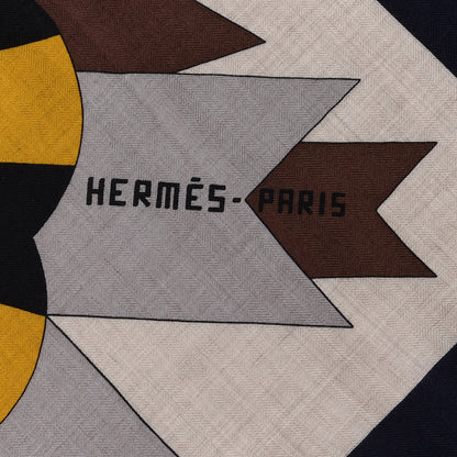 Hermes Cashmere Silk Cheval De Fete Shawl 140 Naturel Marine Moutarde 2 of 5