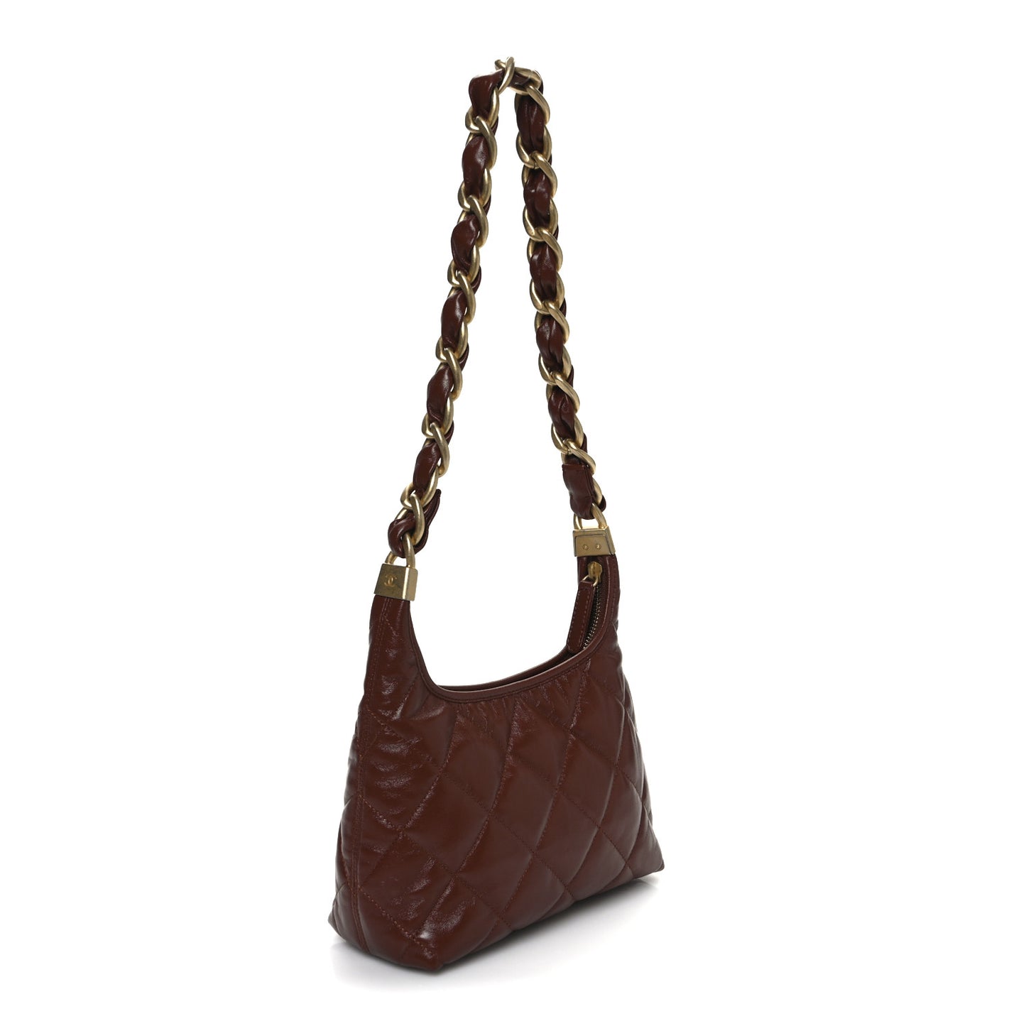 Shiny Crumpled Lambskin Quilted Small CC Funky Town Hobo Brown