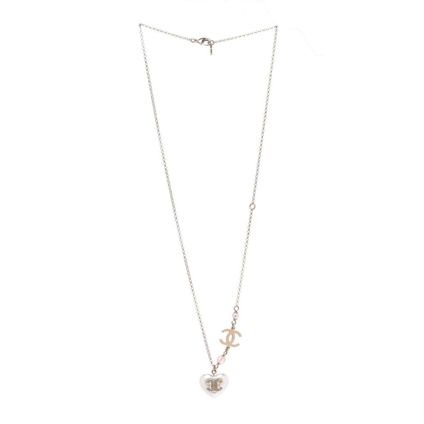 Resin Crystal CC Heart Necklace Pearly White Gold