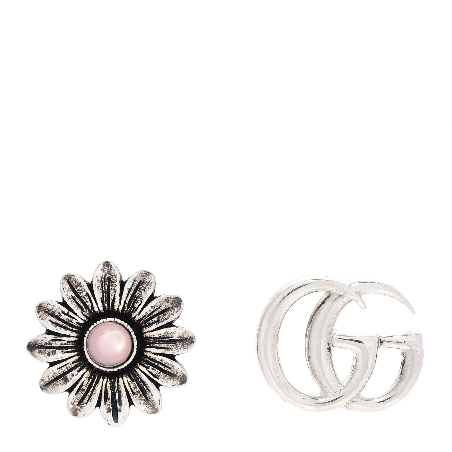 Gucci Sterling Silver Pink Mother of Pearl Flower Marmont Double G Earrings 1 of 7