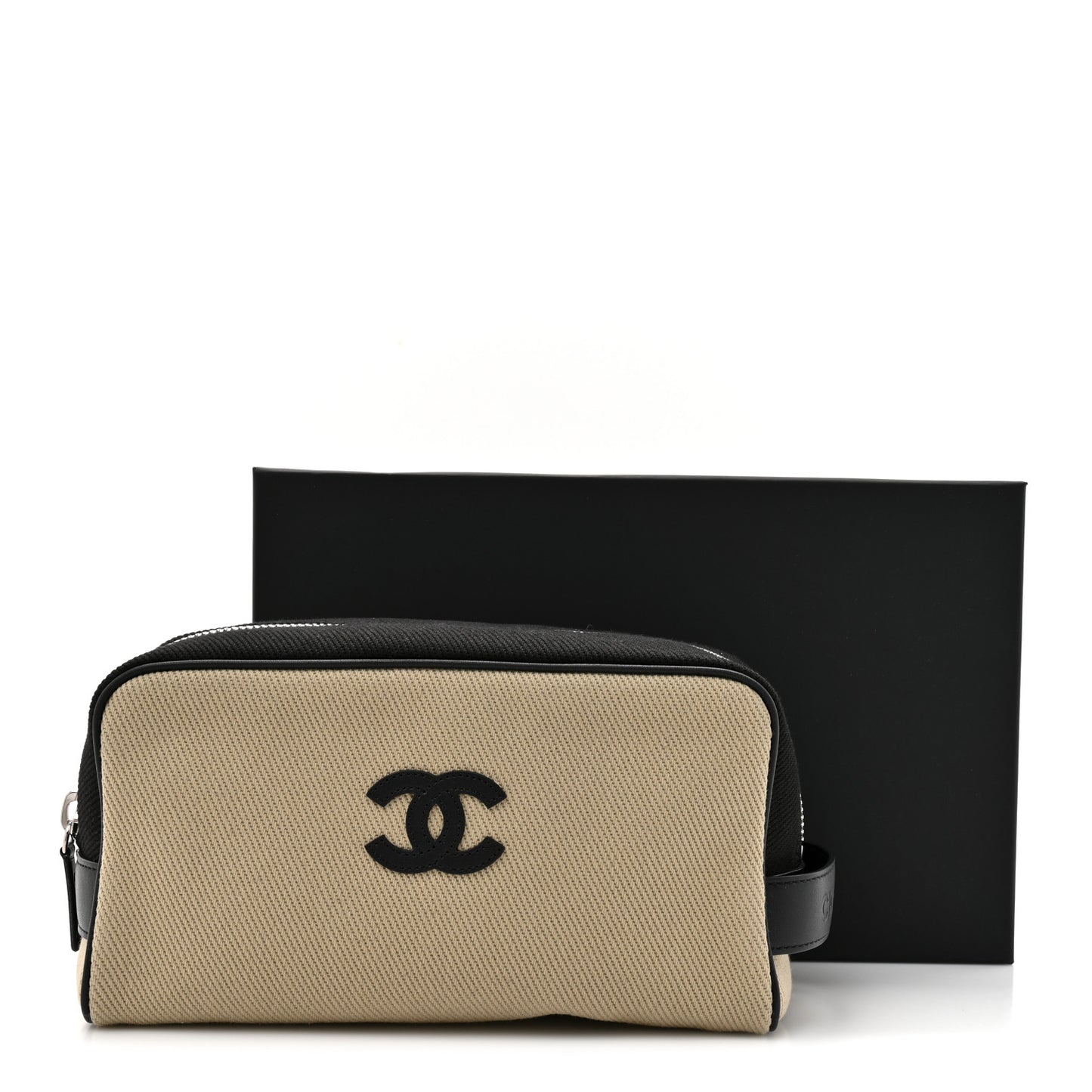 Canvas Calfskin Large Zippered Pouch Beige Black
