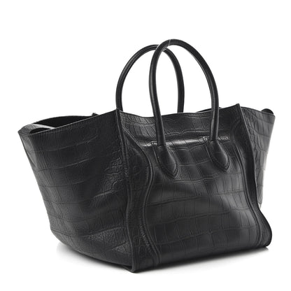 Celine Crocodile Embossed Calfskin Medium Phantom Luggage Black 3 of 9
