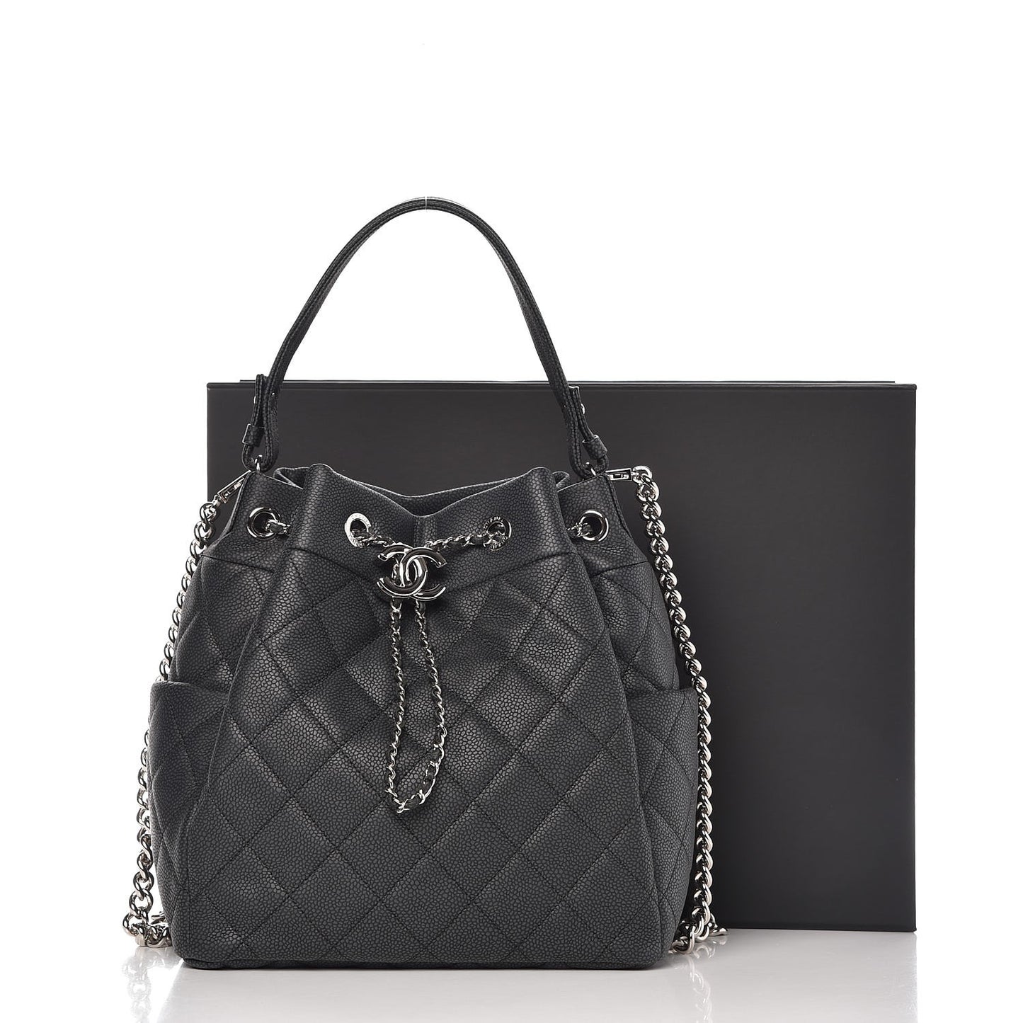 Caviar Flat Quilted CC Chain Bucket Drawstring Bag Black