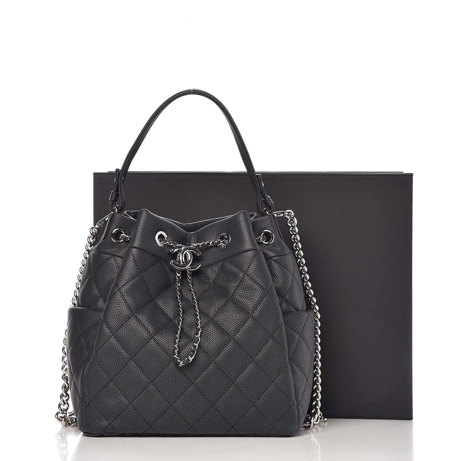 Chanel Caviar Flat Quilted CC Chain Bucket Drawstring Bag Black 8 of 8