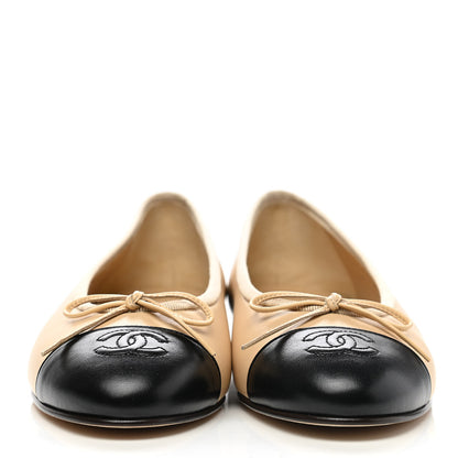 Chanel Lambskin Cap Toe CC Ballerina Flats 37 Beige Black 2 of 9