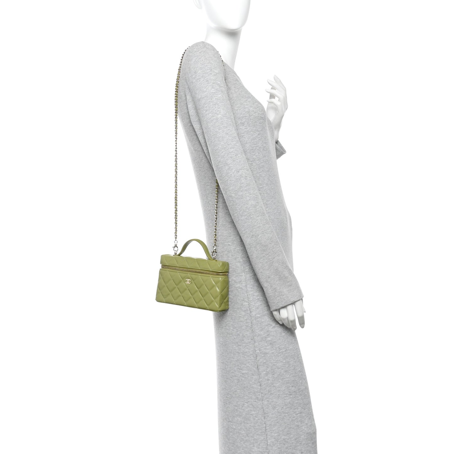Caviar Quilted Top Handle Slim Vanity With Chain Khaki