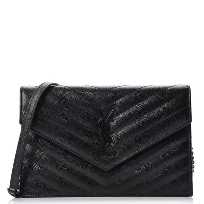 Saint Laurent Grain De Poudre Matelasse Chevron Monogram Envelope Chain Wallet Black 1 of 8