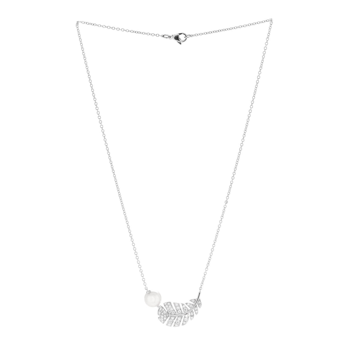 Chanel 18K White Gold Diamond Cultured Pearl Plume De Chanel Necklace 3 of 8