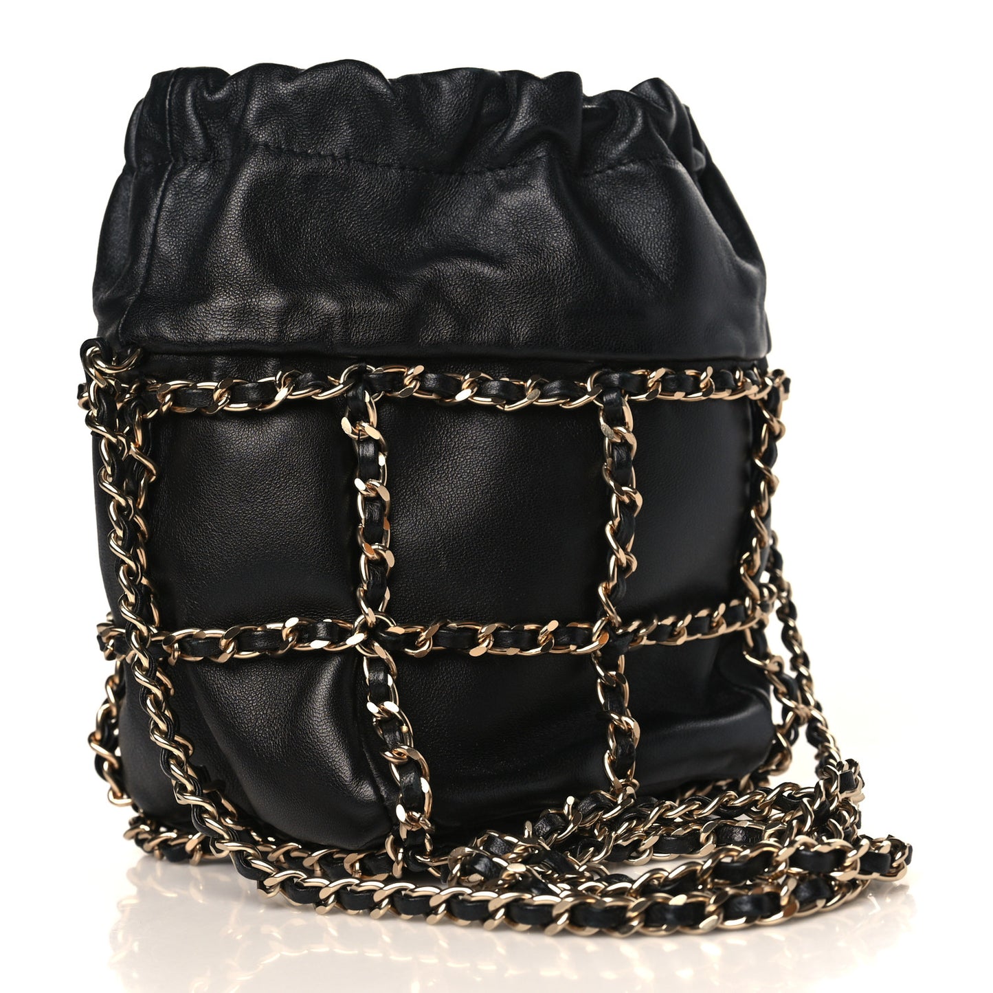 Lambskin Bucket Chain Drawstring Bag Black
