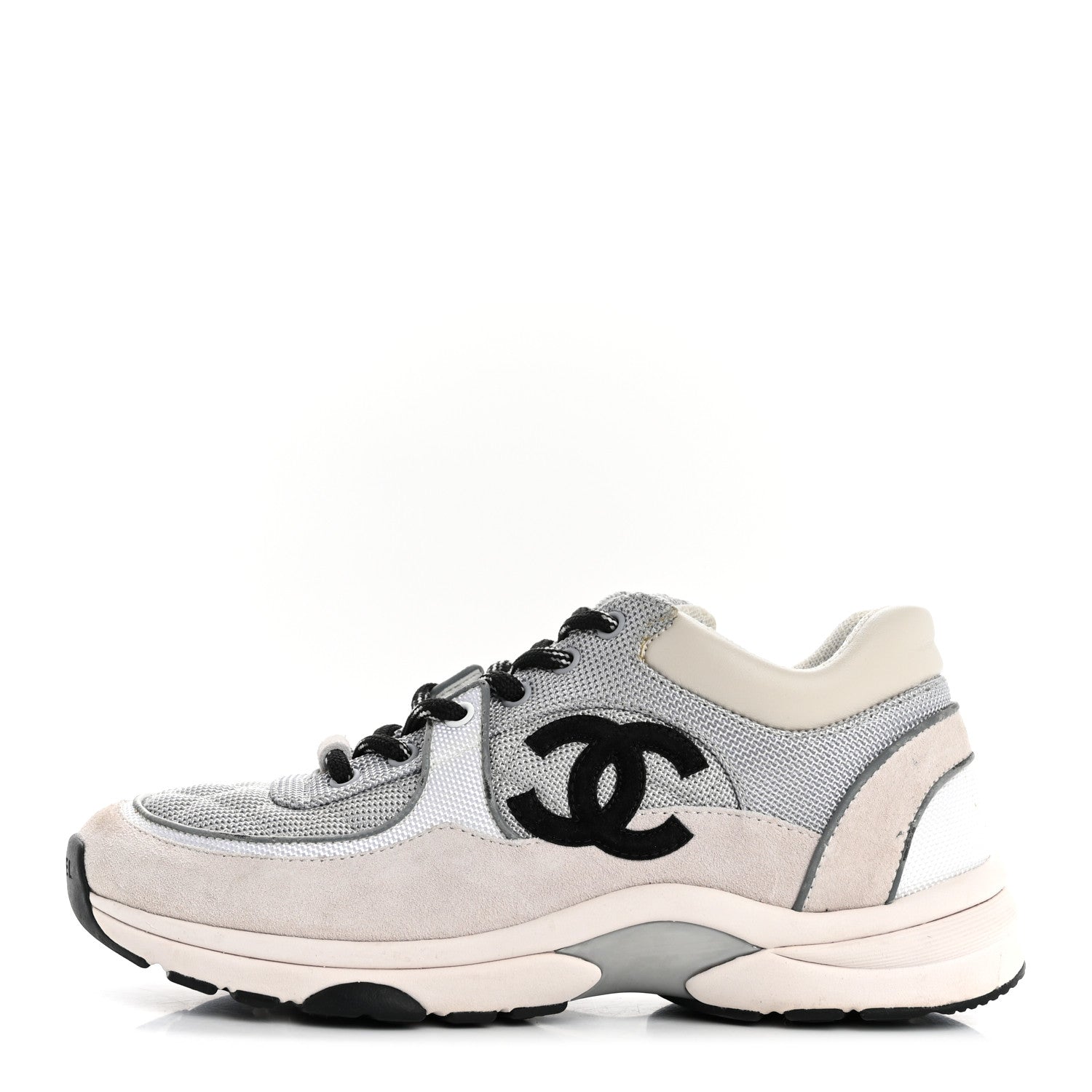 Chanel Mesh Suede Calfskin Grained Calfskin Womens CC Sneakers 38 Grey White 1 of 12