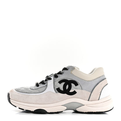 Chanel Mesh Suede Calfskin Grained Calfskin Womens CC Sneakers 38 Grey White 1 of 12