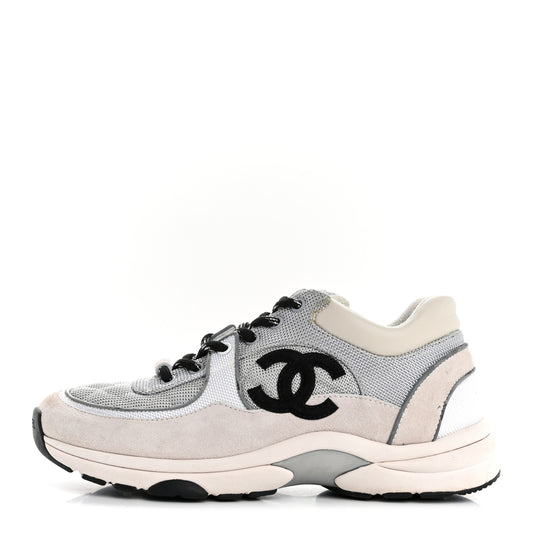 Mesh Suede Calfskin Grained Calfskin Womens CC Sneakers 38 Grey White