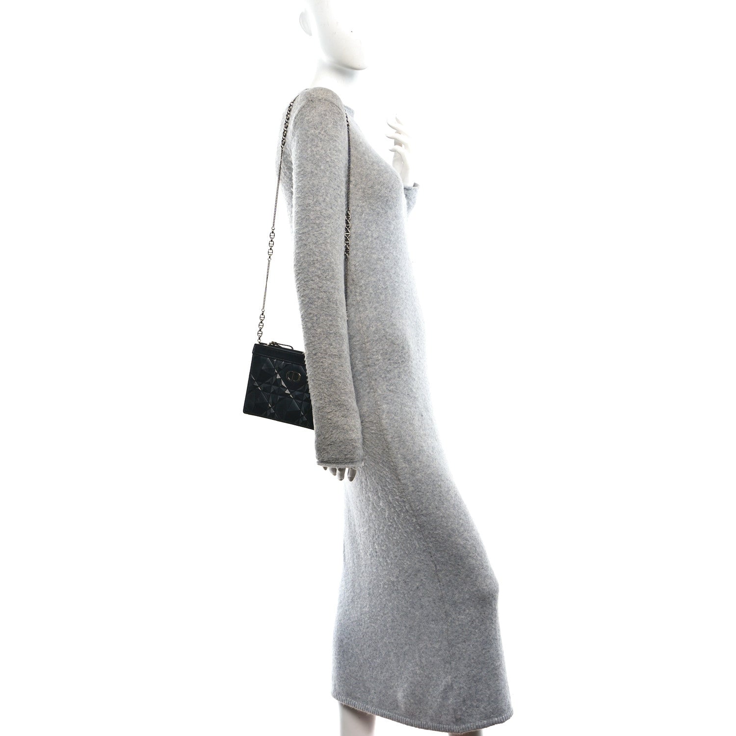 Christian Dior Calfskin Macrocannage Diamond Caro Zipped Pouch With Chain Black 2 of 11