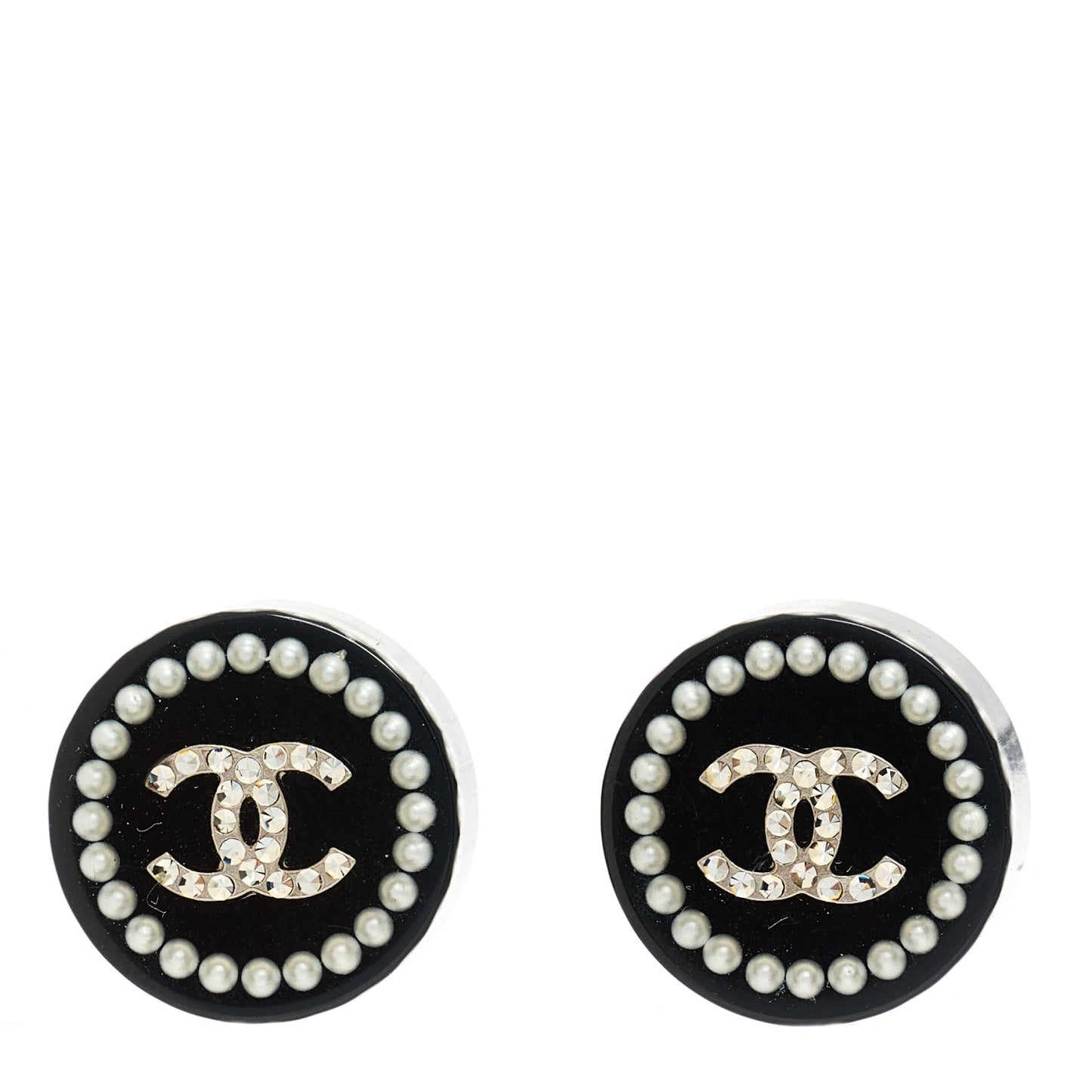 Crystal Pearl CC Round Earrings Black Silver