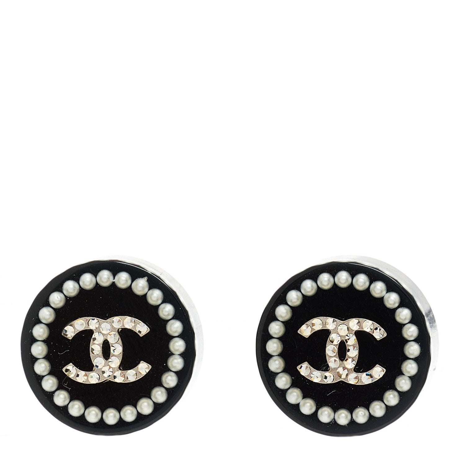 Chanel Crystal Pearl CC Round Earrings Black Silver 1 of 3