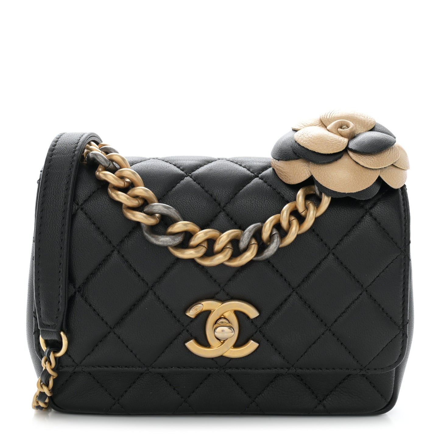 Lambskin Quilted Small Camellia Flower Flap Black