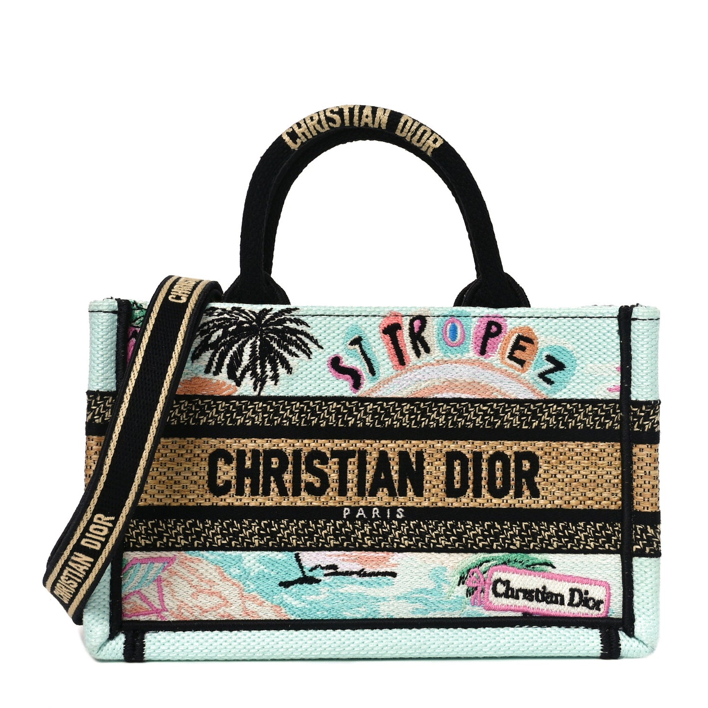 Canvas Embroidered Souvenir Saint Tropez Mini Book Tote With Strap Natural Multicolor