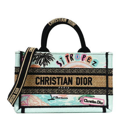 Christian Dior Canvas Embroidered Souvenir Saint Tropez Mini Book Tote With Strap Natural Multicolor 1 of 11