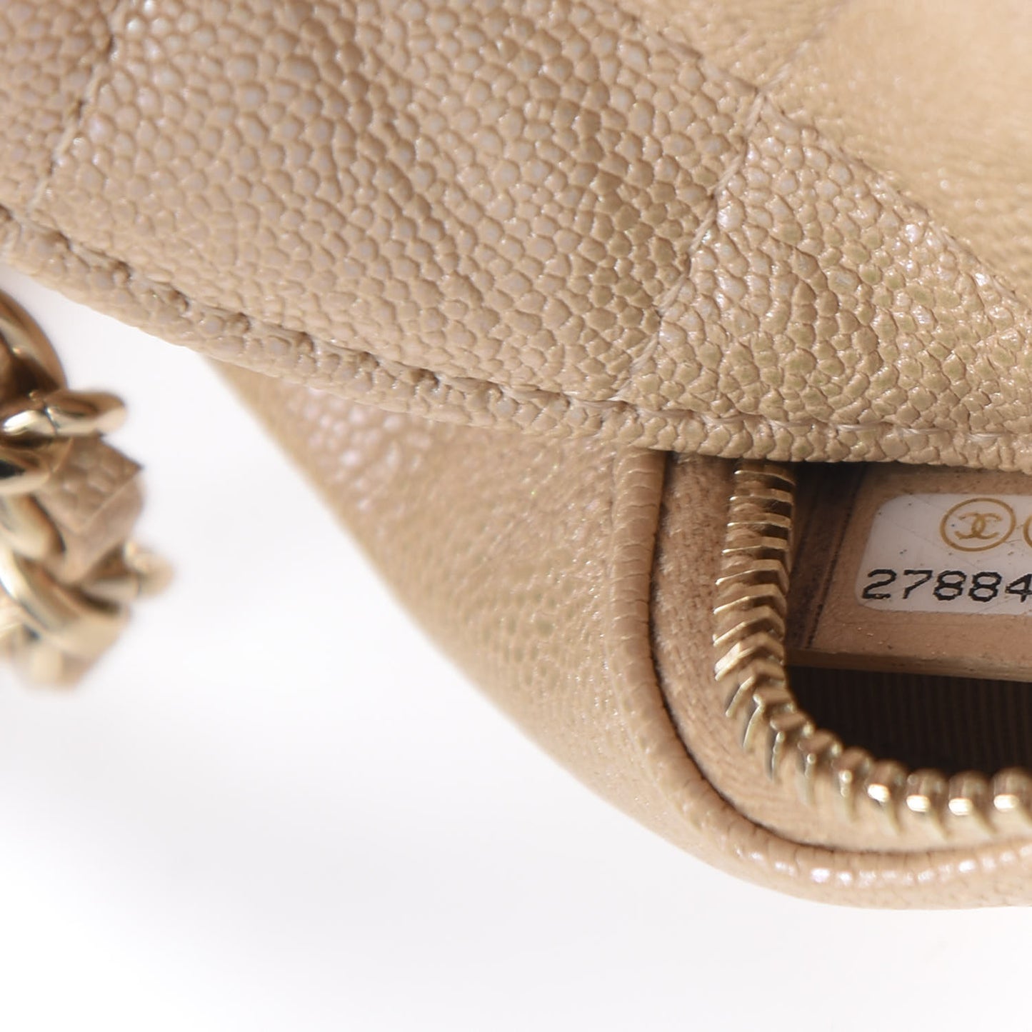 Iridescent Caviar Quilted Round Clutch With Chain Beige