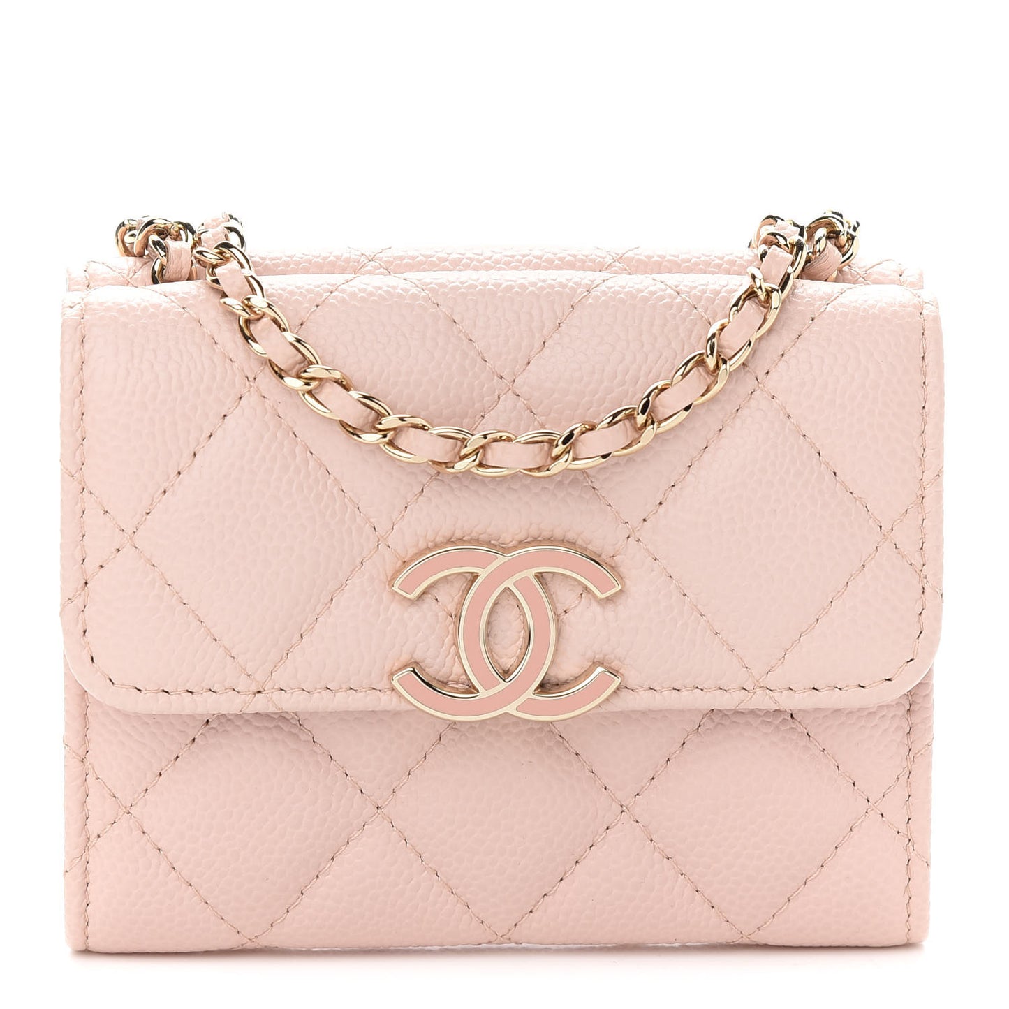 Caviar Quilted Card Holder On Chain Light Pink