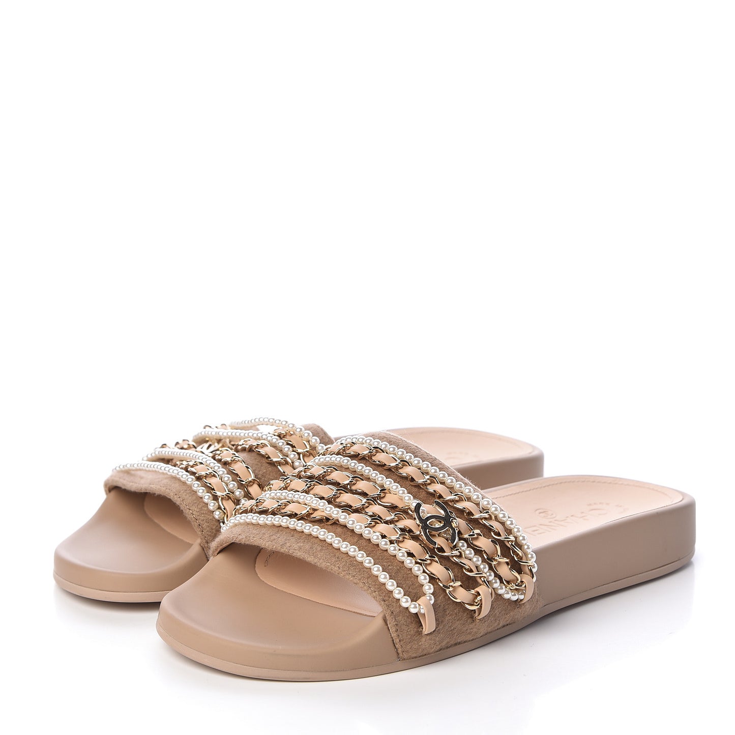 Tweed Pearl Chain Flat Sandals 38 Beige