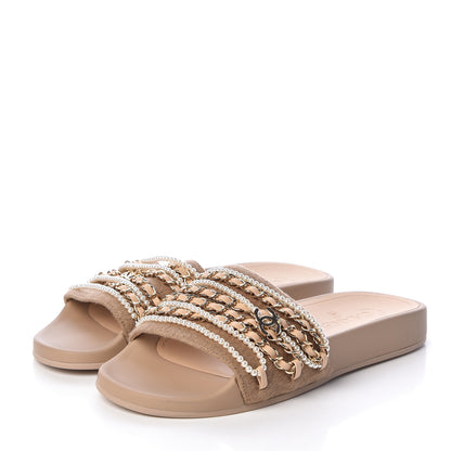 Chanel Tweed Pearl Chain Flat Sandals 38 Beige 3 of 8