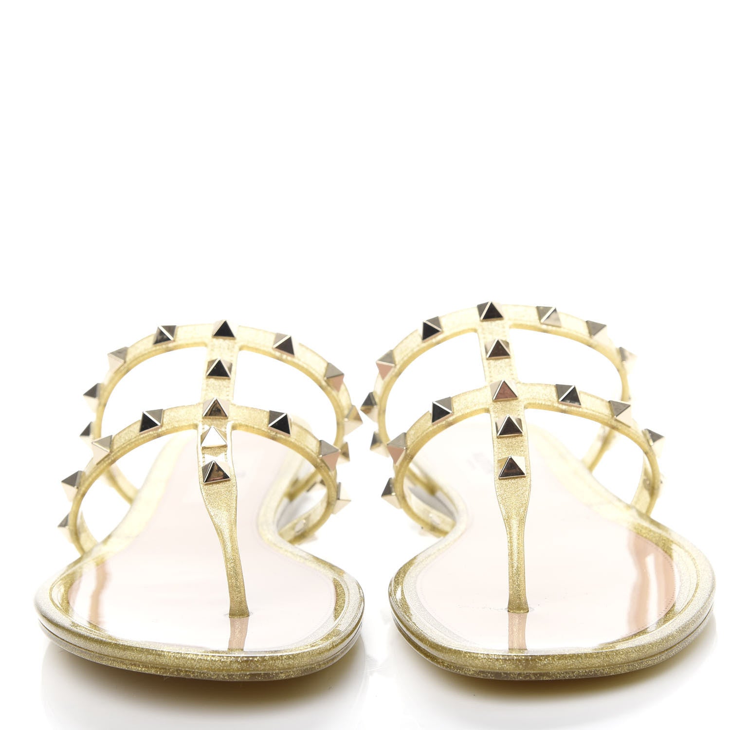 Valentino Garavani PVC Jelly Glitter Rockstud Caged Flat Thong Sandals 39 Oro 2 of 8