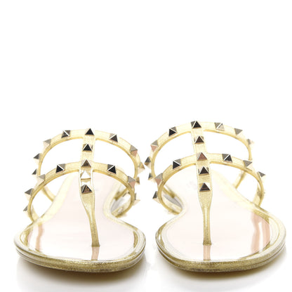 Valentino Garavani PVC Jelly Glitter Rockstud Caged Flat Thong Sandals 39 Oro 2 of 8