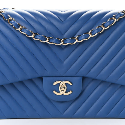Chanel Lambskin Chevron Quilted Jumbo Double Flap Blue 8 of 10