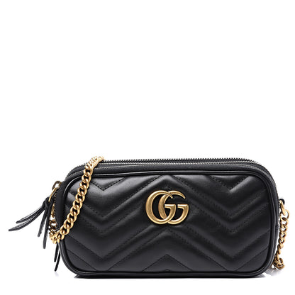 Gucci Calfskin Matelasse Mini GG Marmont Chain Crossbody Bag Black 1 of 11