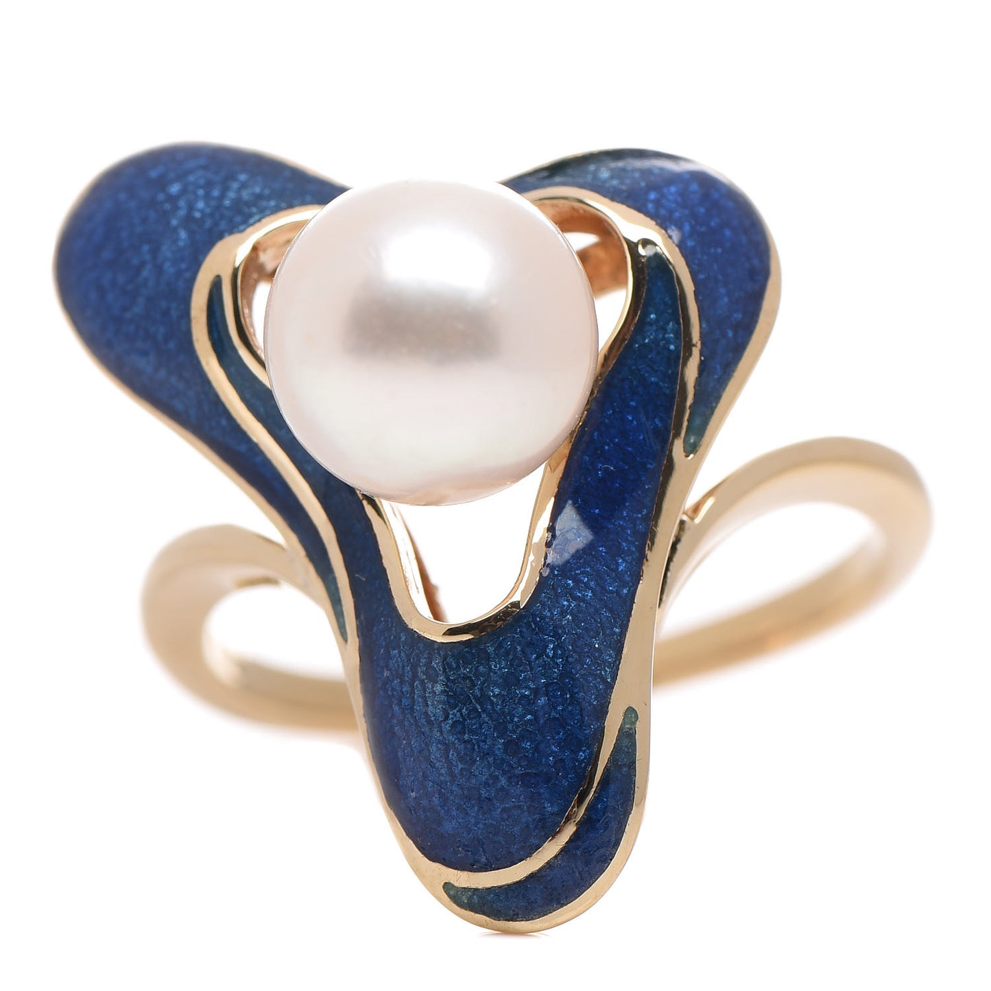 18K Yellow Gold Akoya Pearl Enamel Cocktail Ring 49 4.75 Blue