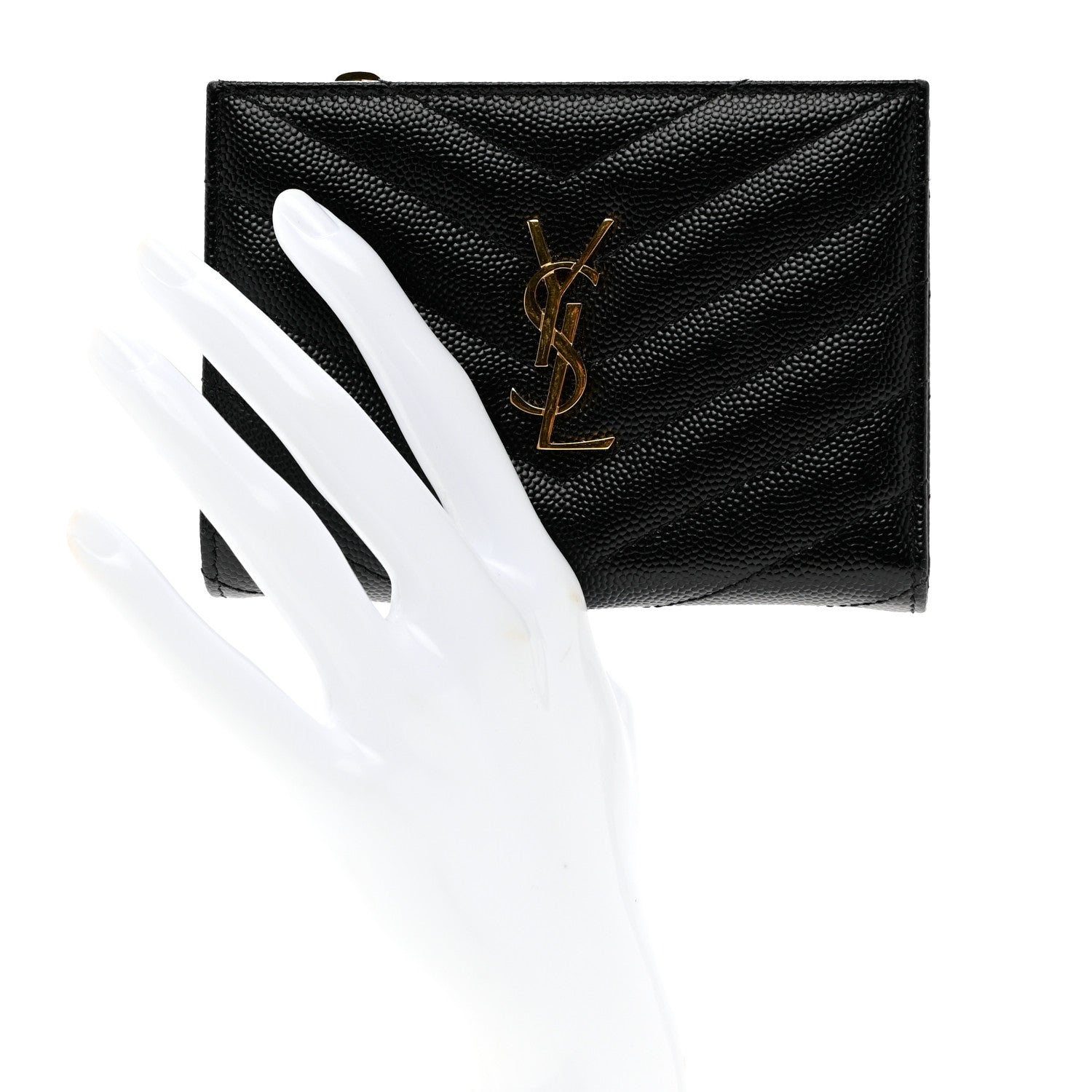 Saint Laurent Grain De Poudre Matelasse Chevron Monogram Zipped Two-Part Wallet Black 2 of 6