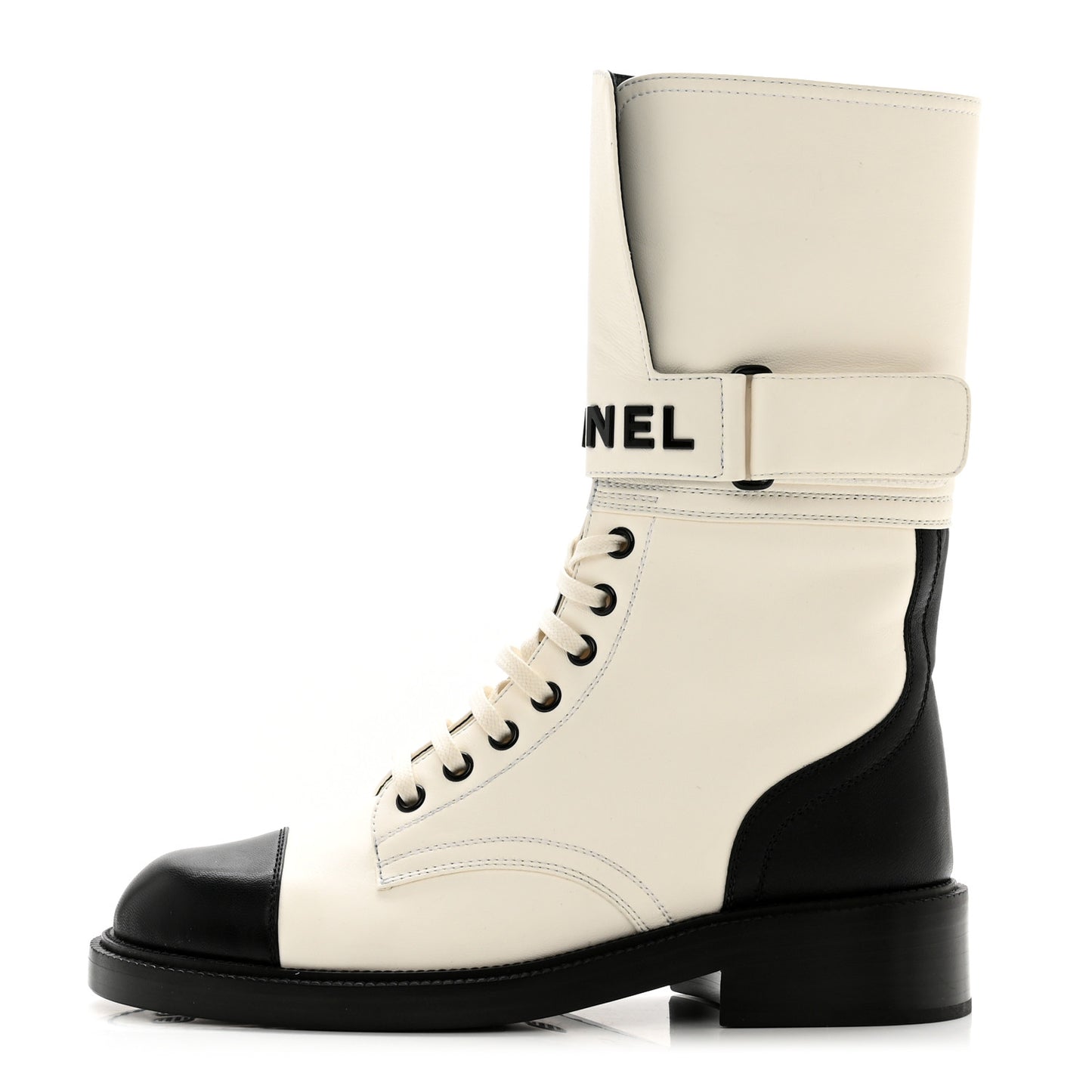Calfskin Lace Up Logo Mid Calf Combat Boots 38 White Black