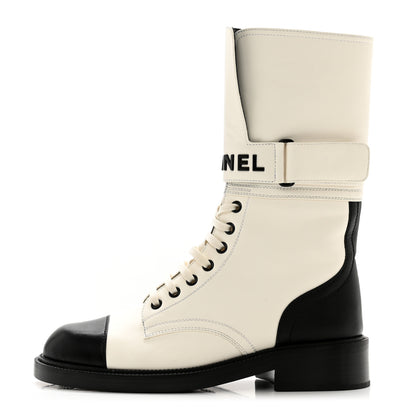 Chanel Calfskin Lace Up Logo Mid Calf Combat Boots 38 White Black 1 of 8