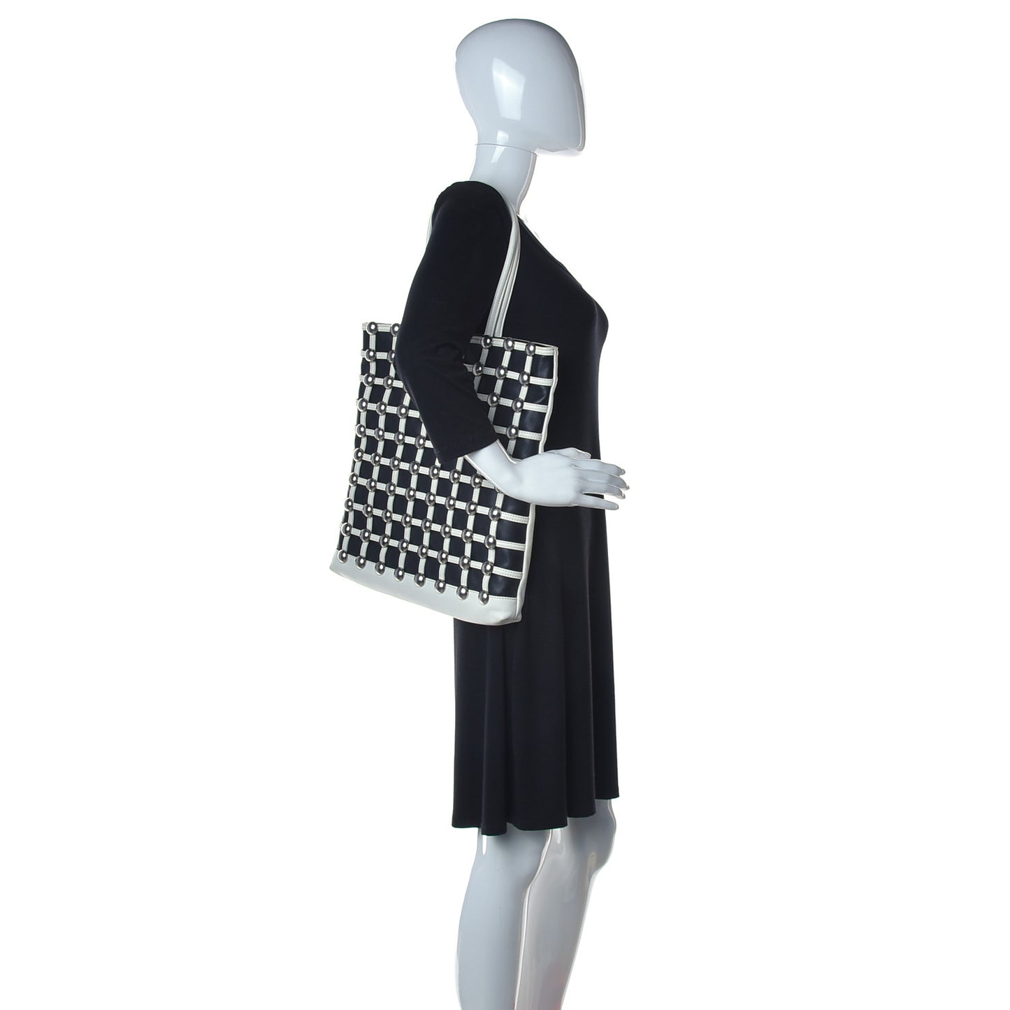Calfskin Dome Stud Cage Shopper Tote White Black