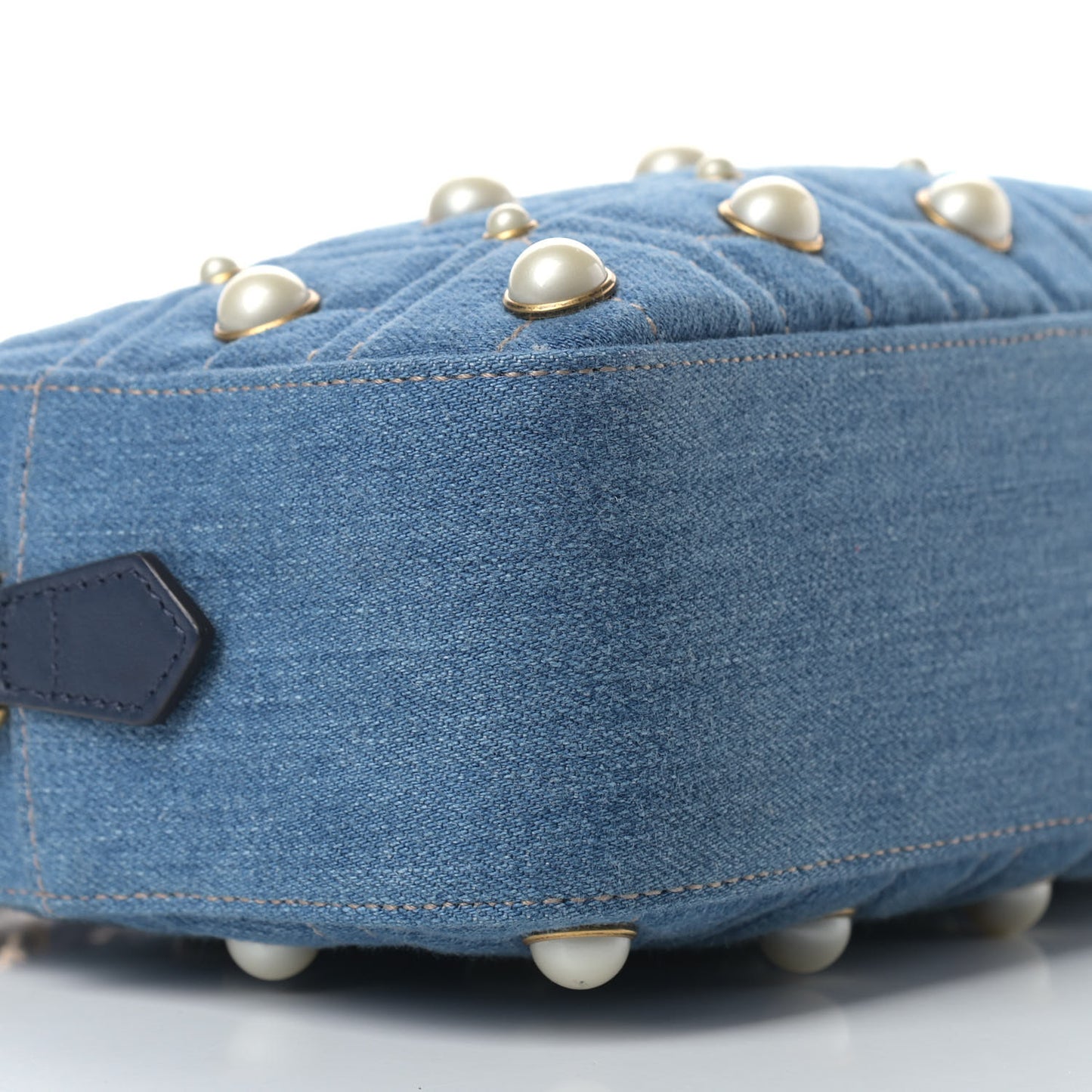 Denim Matelasse Pearl Studded Small GG Marmont Chain Shoulder Bag Blue