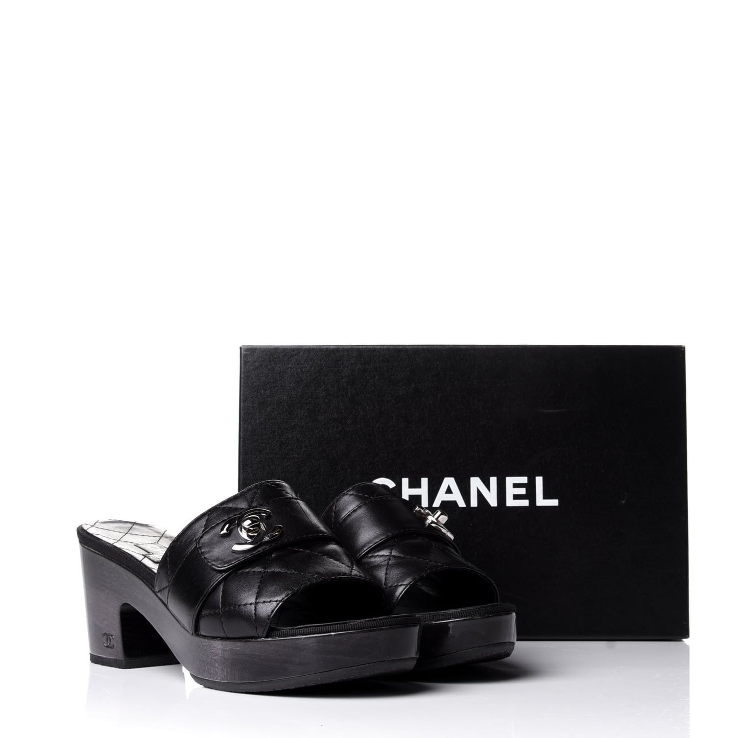 Lambskin Quilted Turn Lock CC Platform Mule 38 Black