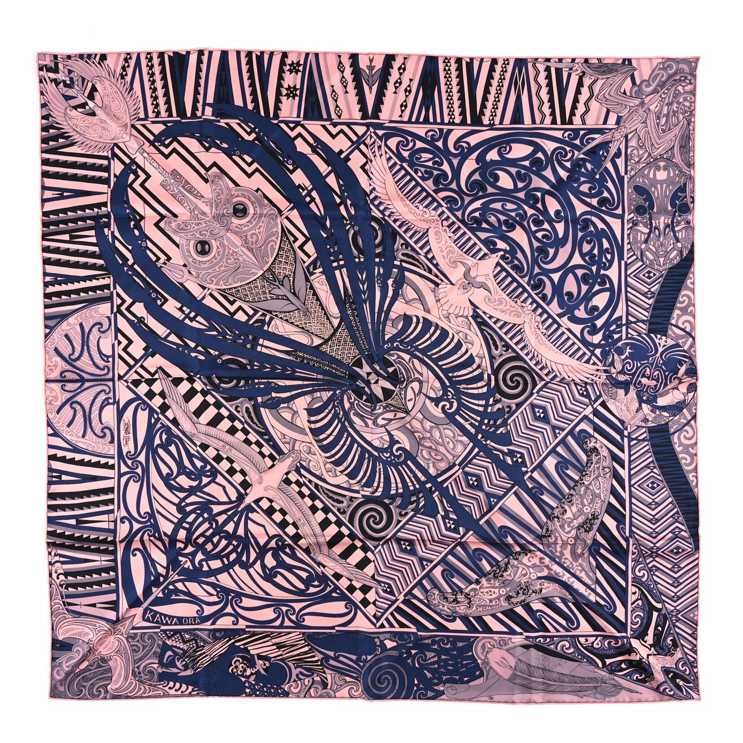Silk Kawa Ora Scarf 90 Rose Thé Marine Black