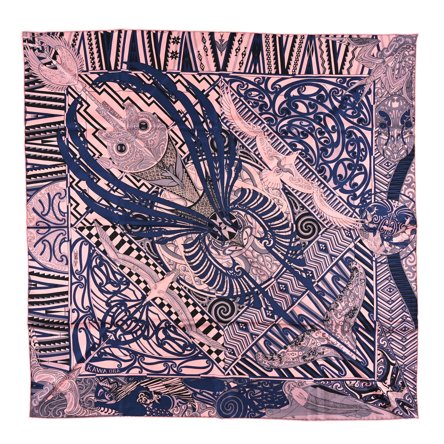 Hermes Silk Kawa Ora Scarf 90 Rose Thé Marine Black 1 of 3