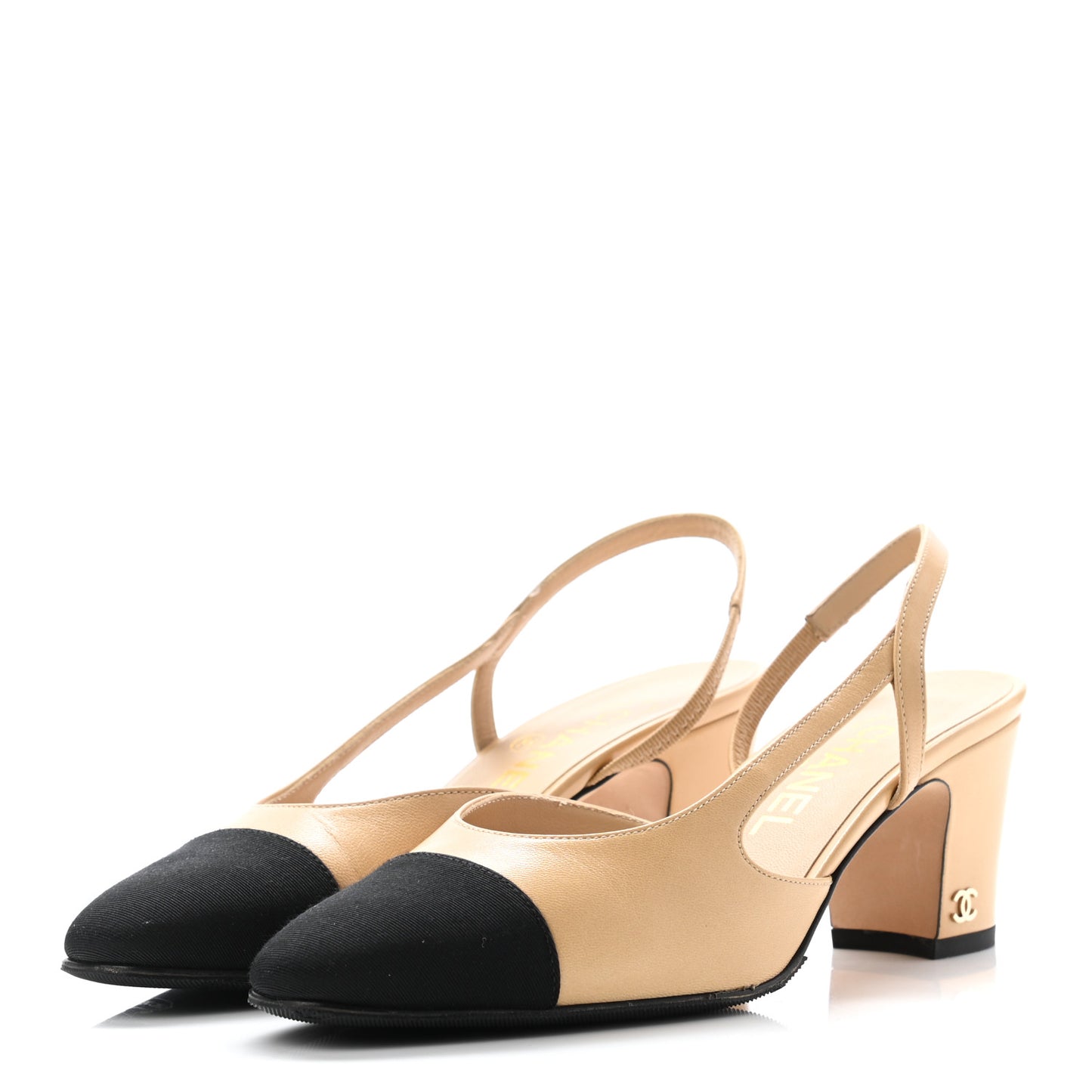 Goatskin Grosgrain Cap Toe CC Slingback Pumps 36.5 Beige Black