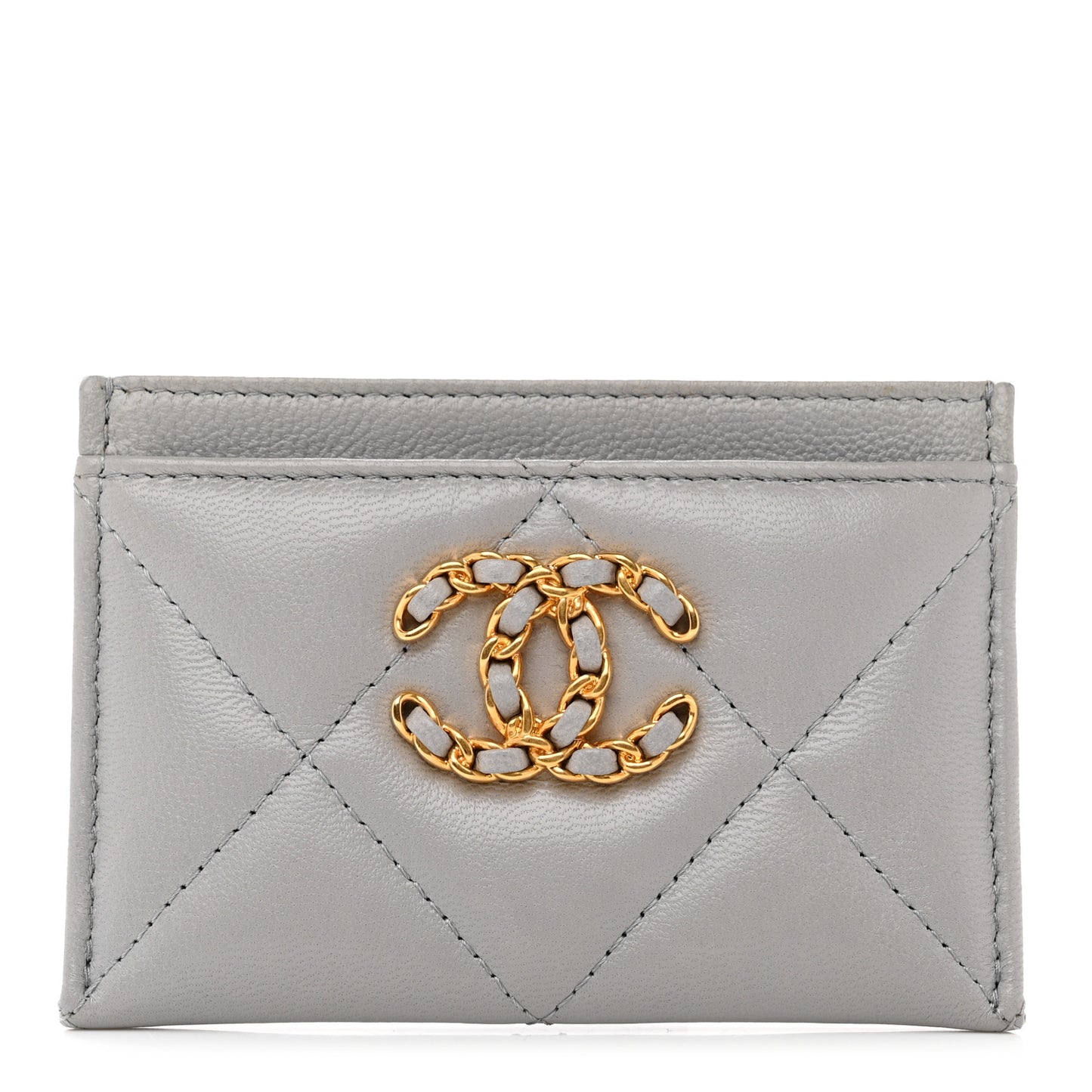 Lambskin Quilted Chanel 19 Card Holder Grey