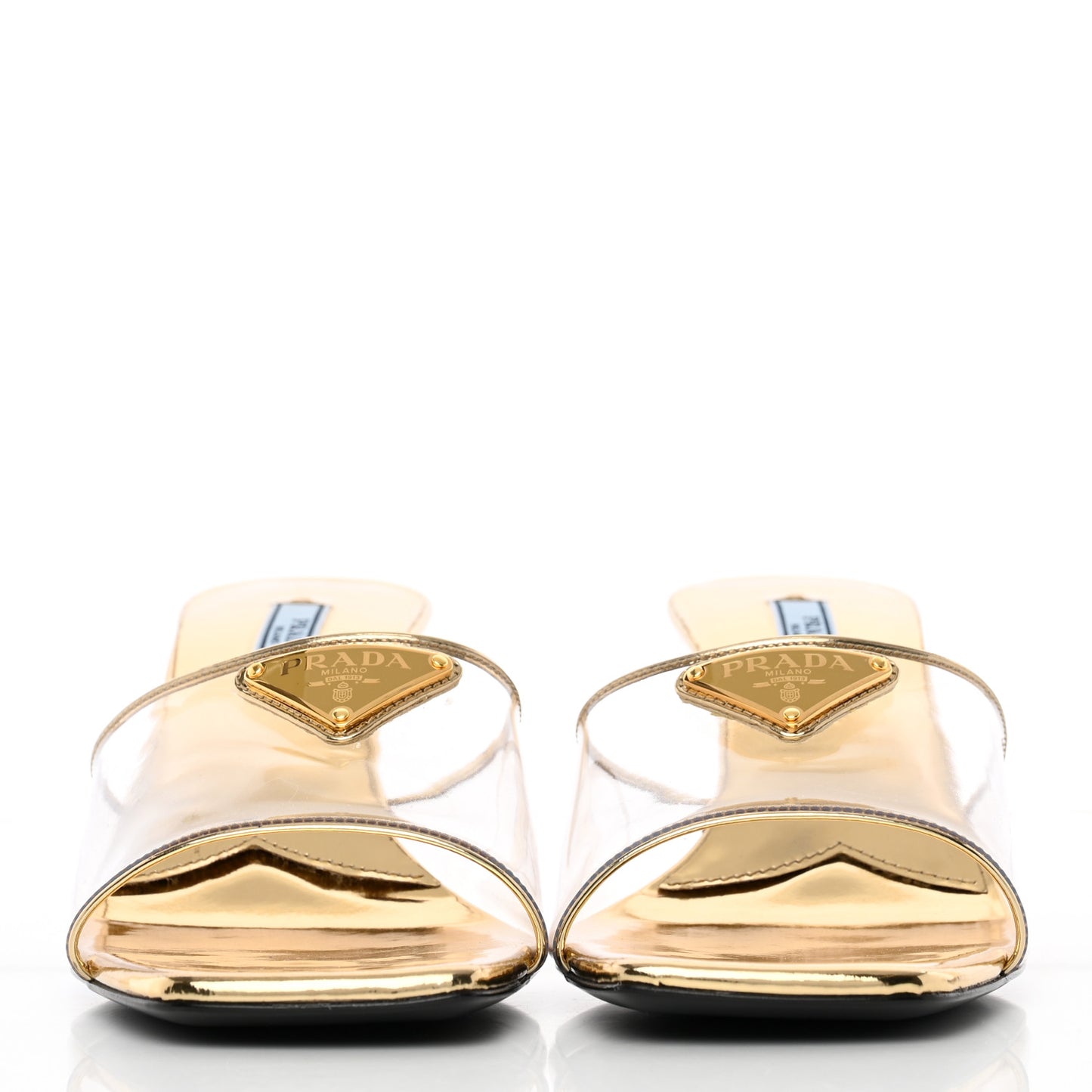 Plexiglass Metallic Calfskin Metal Triangle Logo 65mm Slide Sandals 38.5 Platino