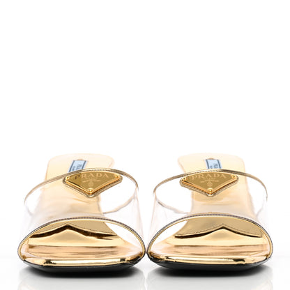 Prada Plexiglass Metallic Calfskin Metal Triangle Logo 65mm Slide Sandals 38.5 Platino 2 of 10