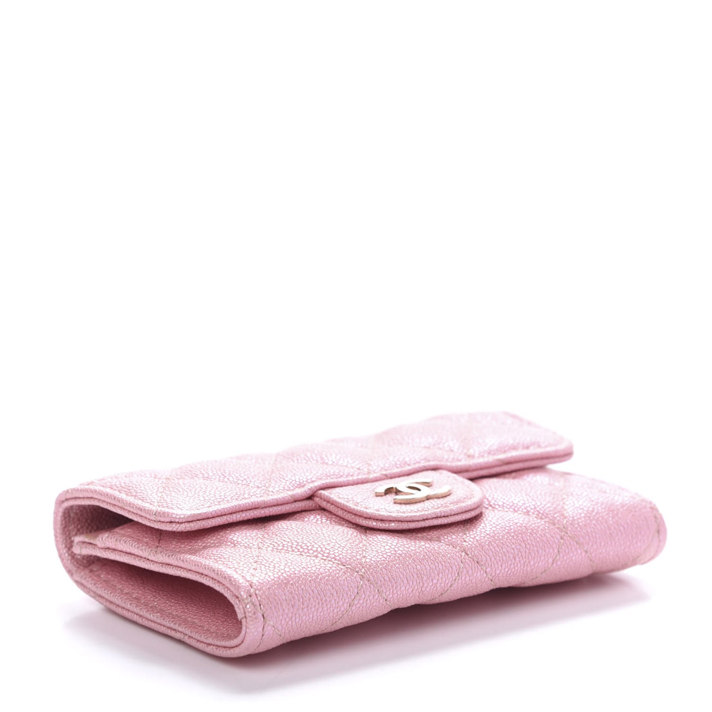 Iridescent Caviar Quilted Flap Card Holder Rose Pink
