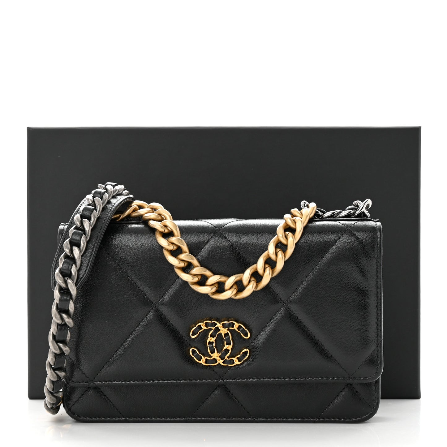 Lambskin Quilted Chanel 19 Wallet On Chain WOC Black
