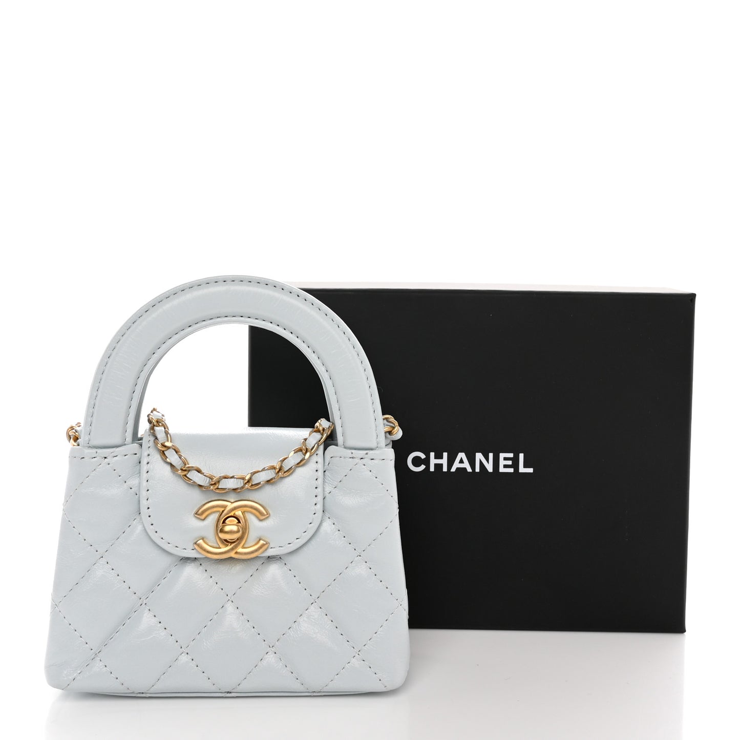 Shiny Aged Calfskin Quilted Mini Nano Kelly Shopper Light Blue