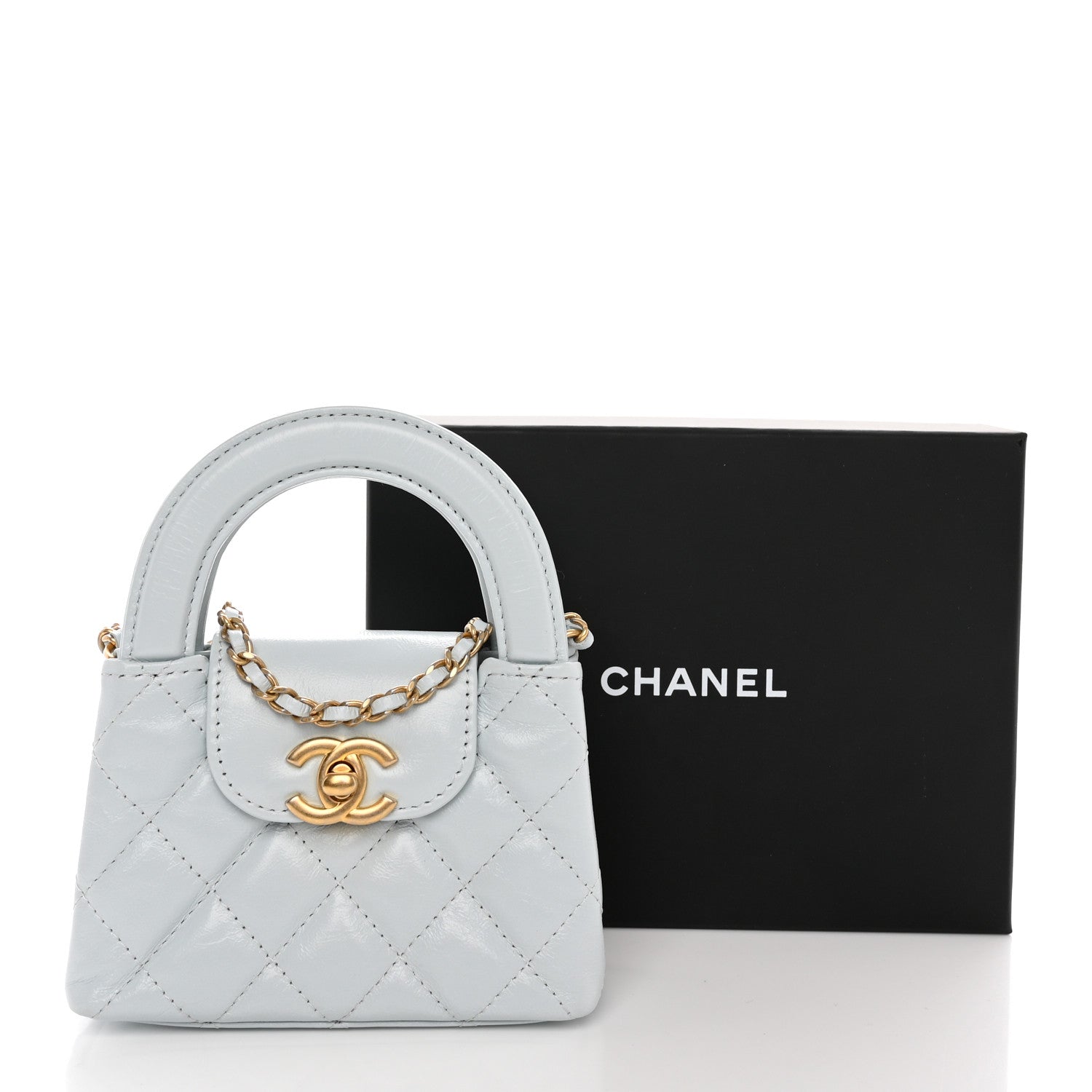 Chanel Shiny Aged Calfskin Quilted Mini Nano Kelly Shopper Light Blue 10 of 10