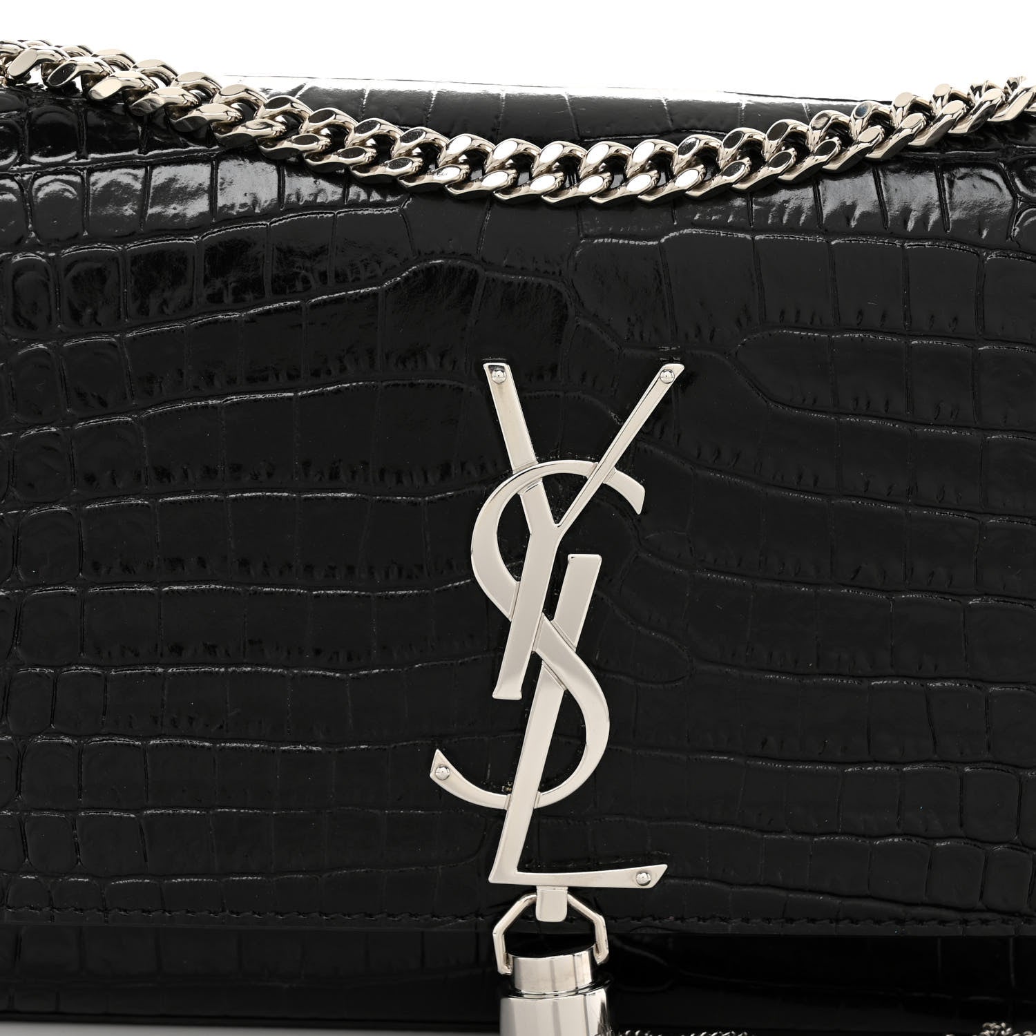 Saint Laurent Calfskin Crocodile Embossed Small Classic Monogram Kate Tassel Satchel Black 8 of 10